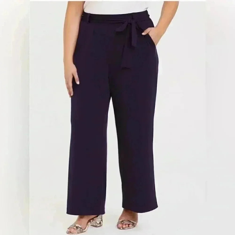 Torrid Deep Purple Studio Knit Tie Front Wide Leg Womens Pant Plus 0 NO TIE